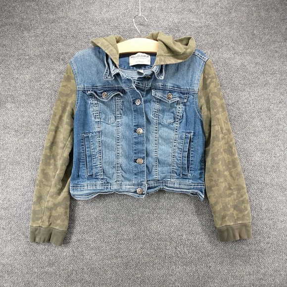 WallFlower Girls Hooded Denim Jean Jacket Blue Green Camo Large Layered Look - Picture 2 of 12